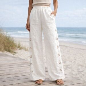 House of Harlow 1960 White Linen Rayon Boho Wide Leg Pants OS S-M-Small L